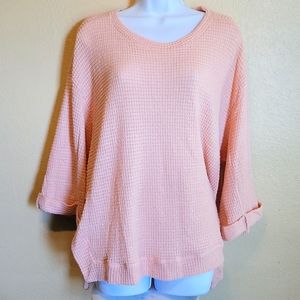 Umgee Light Waffle Knit Folded Cuff Loose Top
